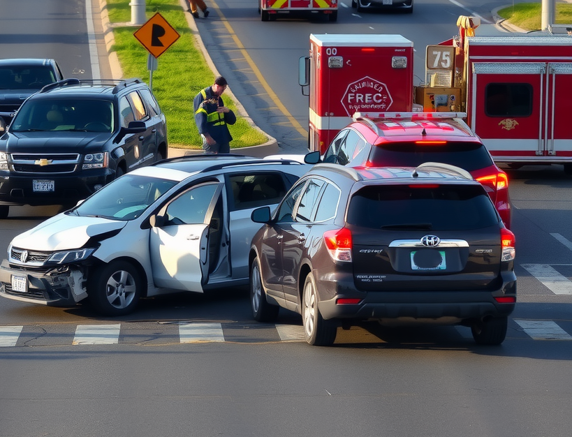 A serious car accident scene on a busy road