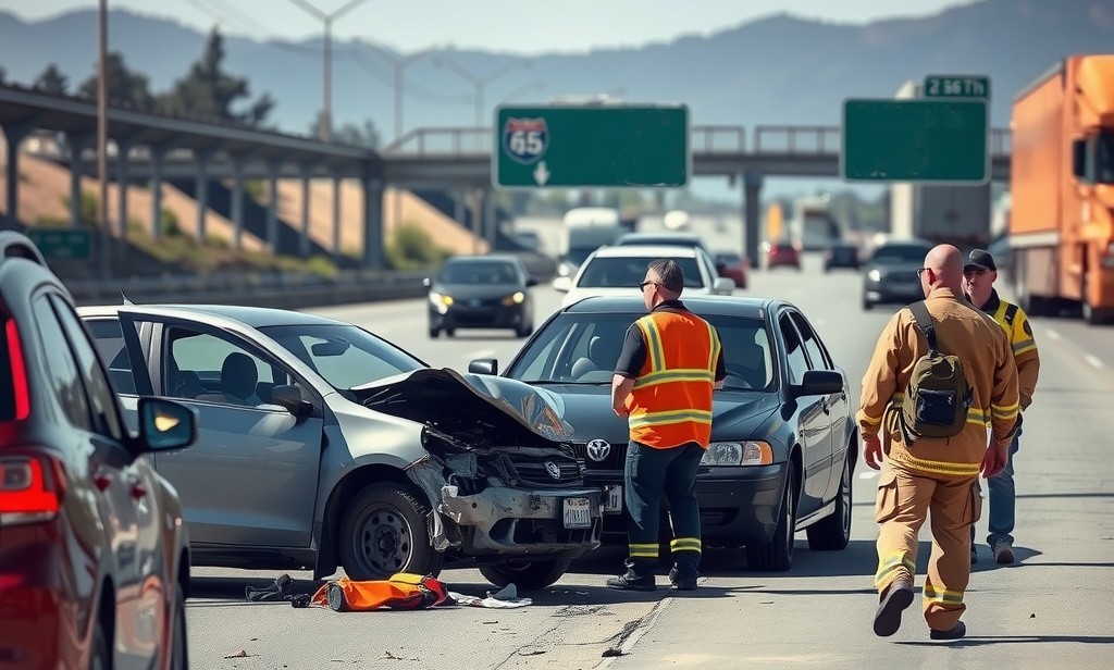A California highway accident with two damaged vehicles on the side of the road, as emergency responders attend the scene.