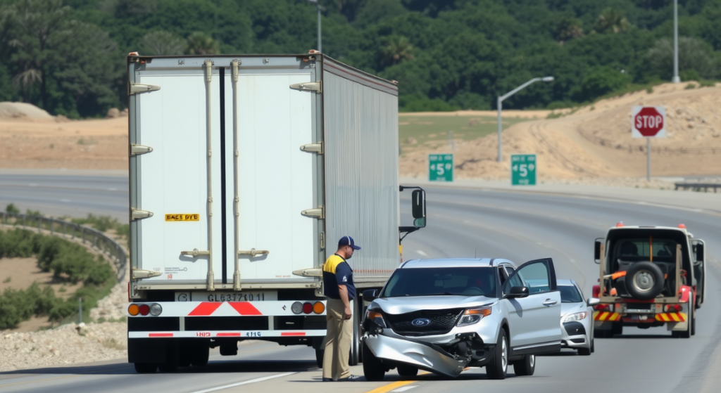 accident between a semi-truck and a damaged car, with emergency responders at the scene