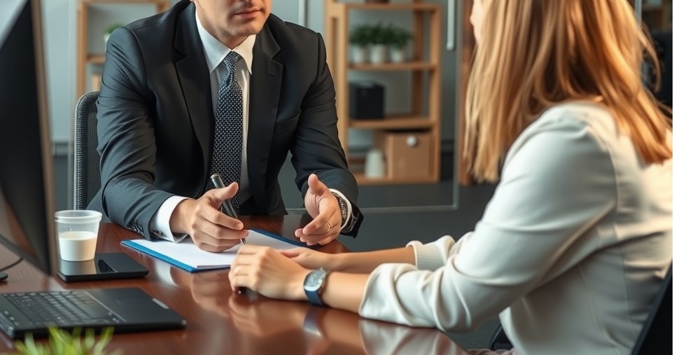 A personal injury lawyer consulting with a client across a desk, offering legal guidance in a professional setting.