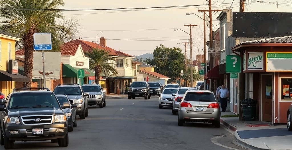 A working-class neighborhood in Shackelford, Modesto, CA, with a busy street near Crows Landing Road. Show a modest commercial area with older buildings, traffic, and pedestrians.