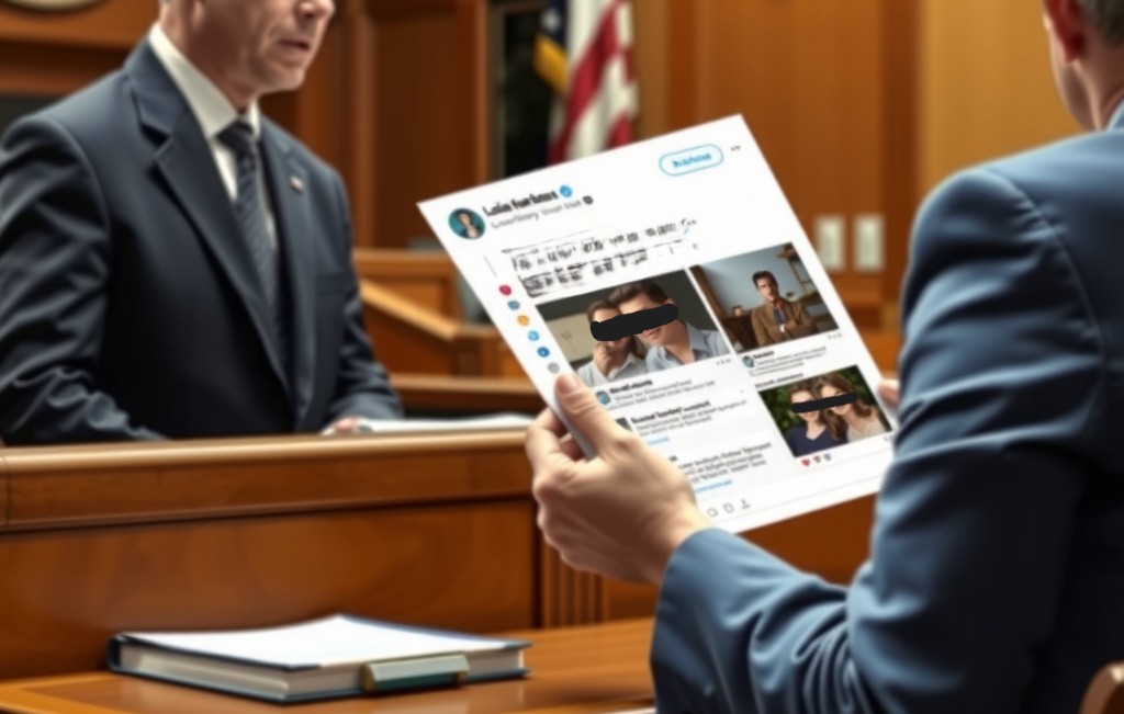 A personal injury trial, with a defense lawyer presenting printed screenshots of social media posts as evidence.