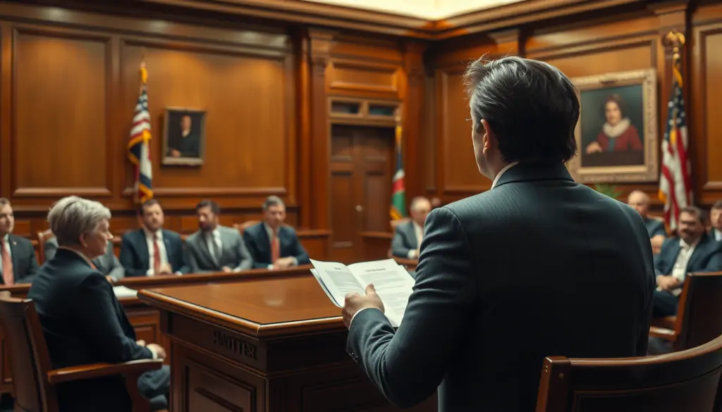 courtroom scene with a witness testifying